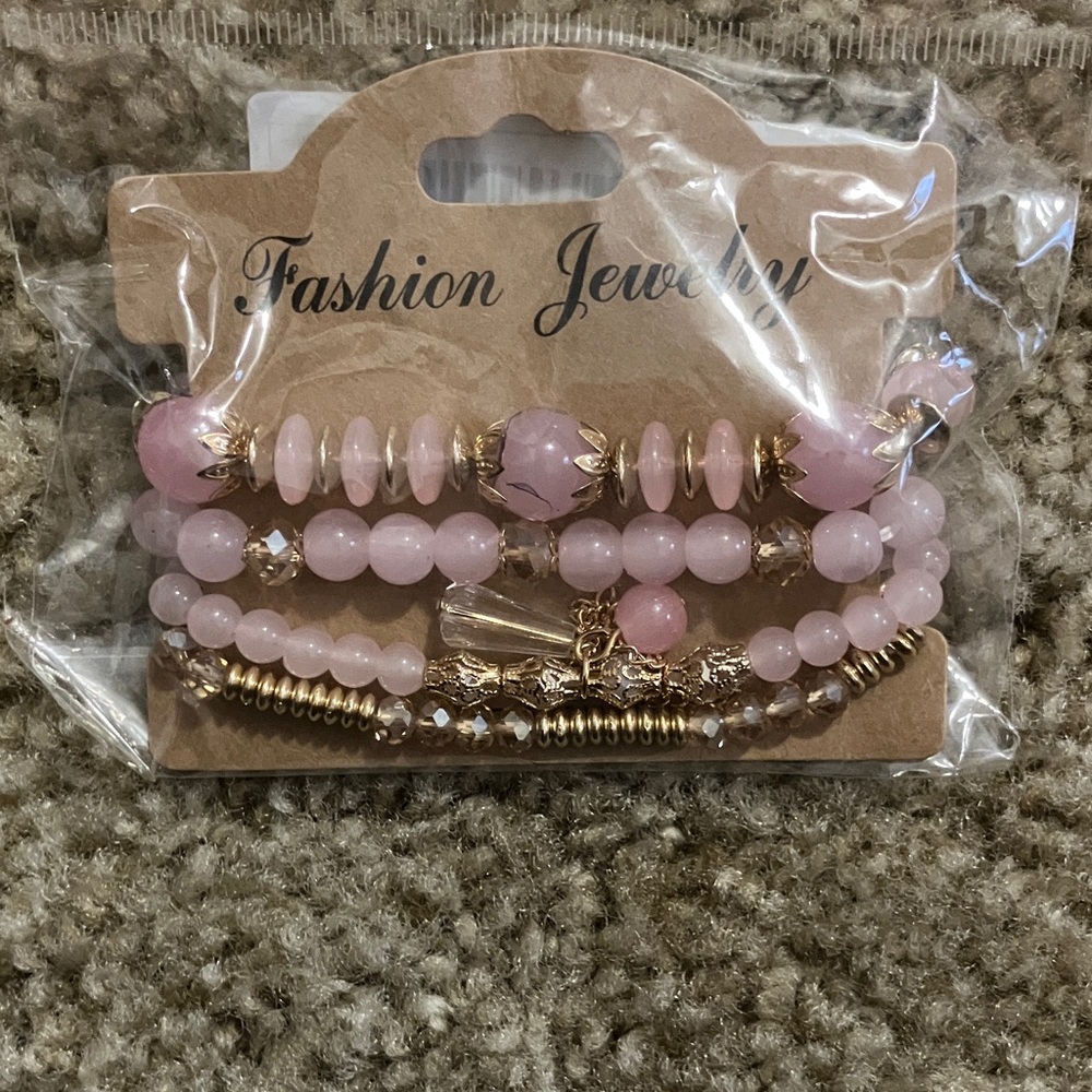 Pink and Gold Beaded Bracelet Set